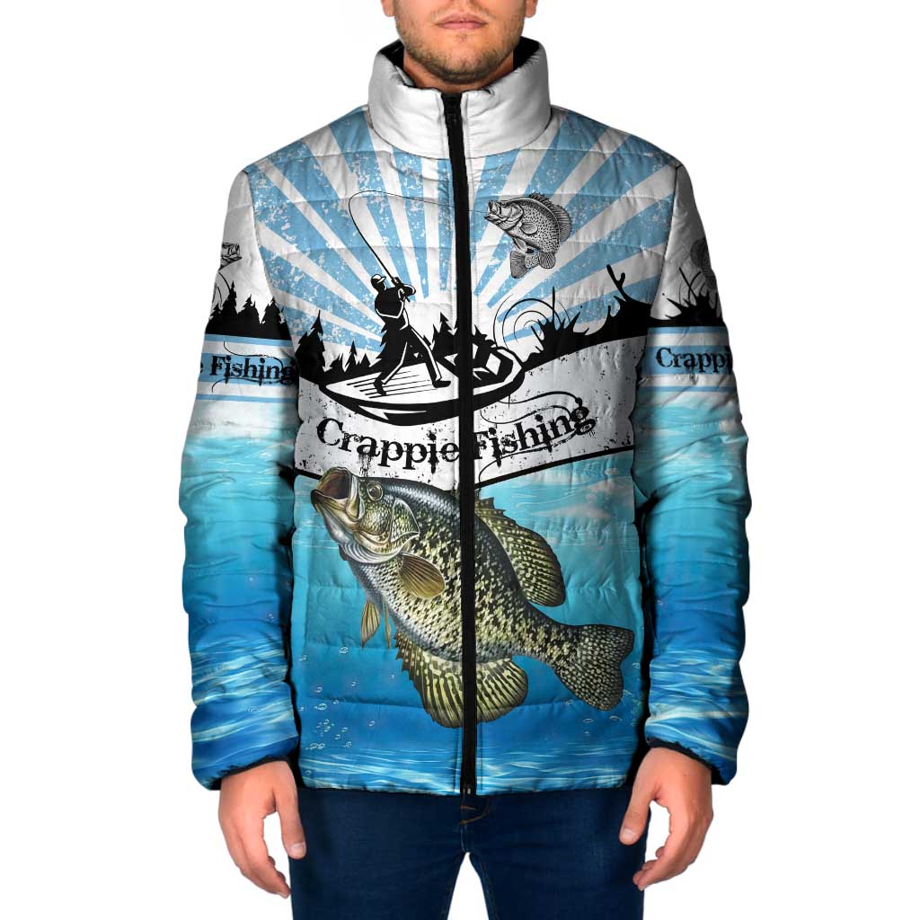 Personalized Crappie Fishing Padded Jacket with Lake Water Splash Scene and Sunrise Silhouette Angler Design - Wonder Print Shop