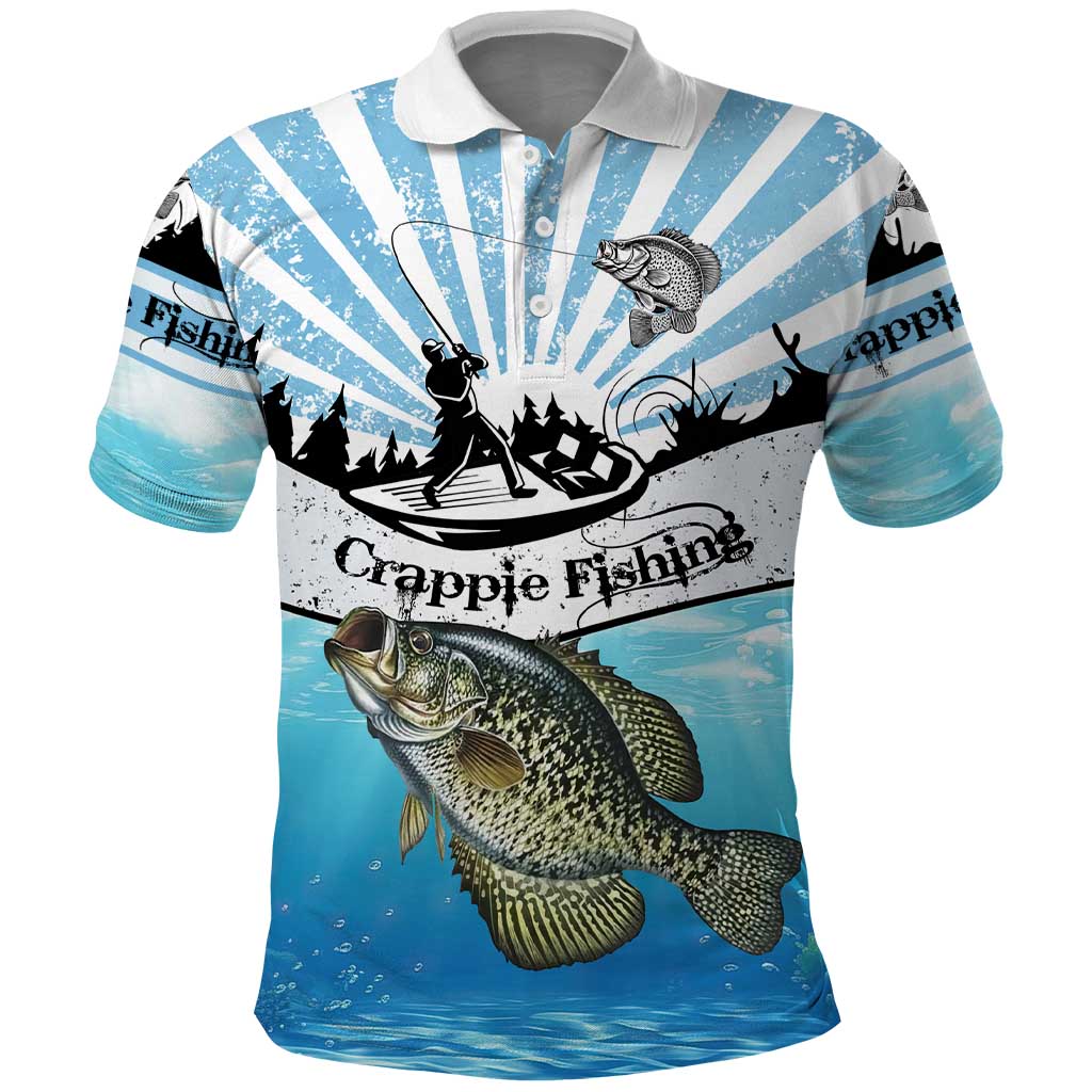 Personalized Crappie Fishing Polo Shirt with Lake Water Splash Scene and Sunrise Silhouette Angler Design - Wonder Print Shop