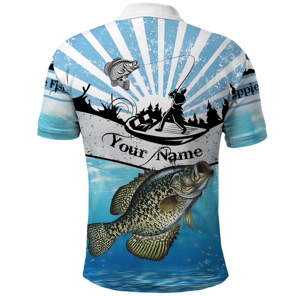Personalized Crappie Fishing Polo Shirt with Lake Water Splash Scene and Sunrise Silhouette Angler Design - Wonder Print Shop