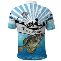 Personalized Crappie Fishing Polo Shirt with Lake Water Splash Scene and Sunrise Silhouette Angler Design - Wonder Print Shop