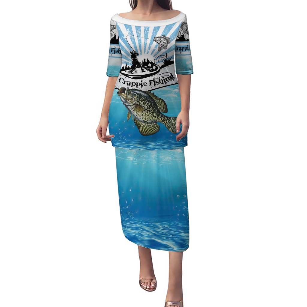 Personalized Crappie Fishing Puletasi with Lake Water Splash Scene and Sunrise Silhouette Angler Design - Wonder Print Shop