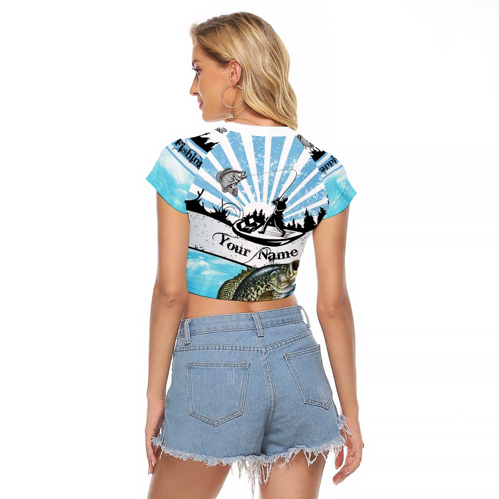 Personalized Crappie Fishing Raglan Cropped T Shirt with Lake Water Splash Scene and Sunrise Silhouette Angler Design - Wonder Print Shop