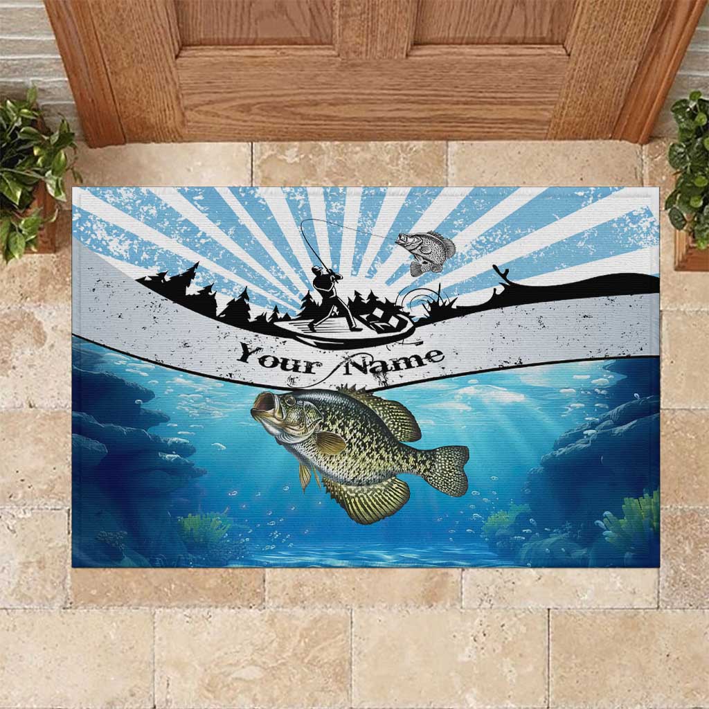 Personalized Crappie Fishing Rubber Doormat with Lake Water Splash Scene and Sunrise Silhouette Angler Design - Wonder Print Shop