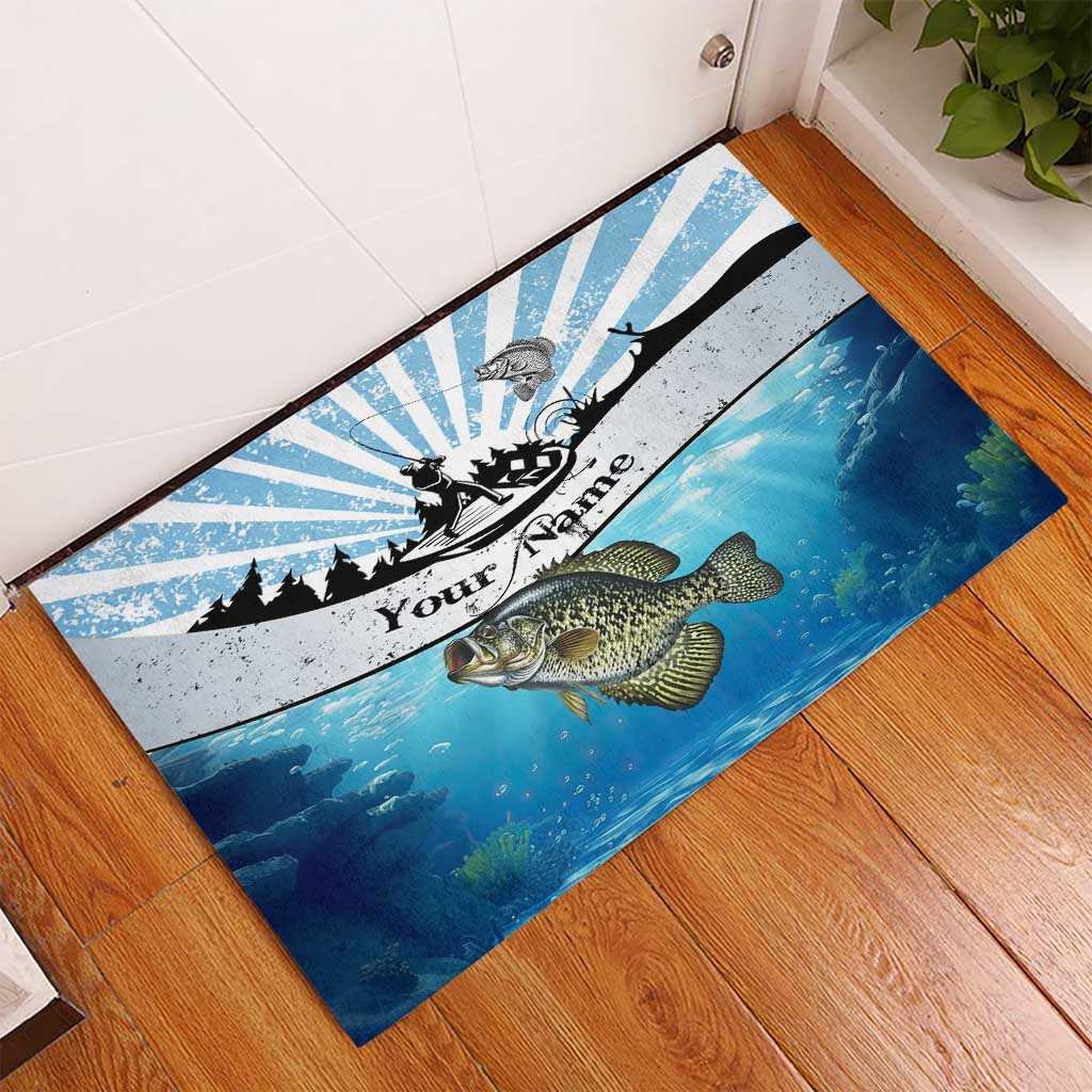 Personalized Crappie Fishing Rubber Doormat with Lake Water Splash Scene and Sunrise Silhouette Angler Design - Wonder Print Shop
