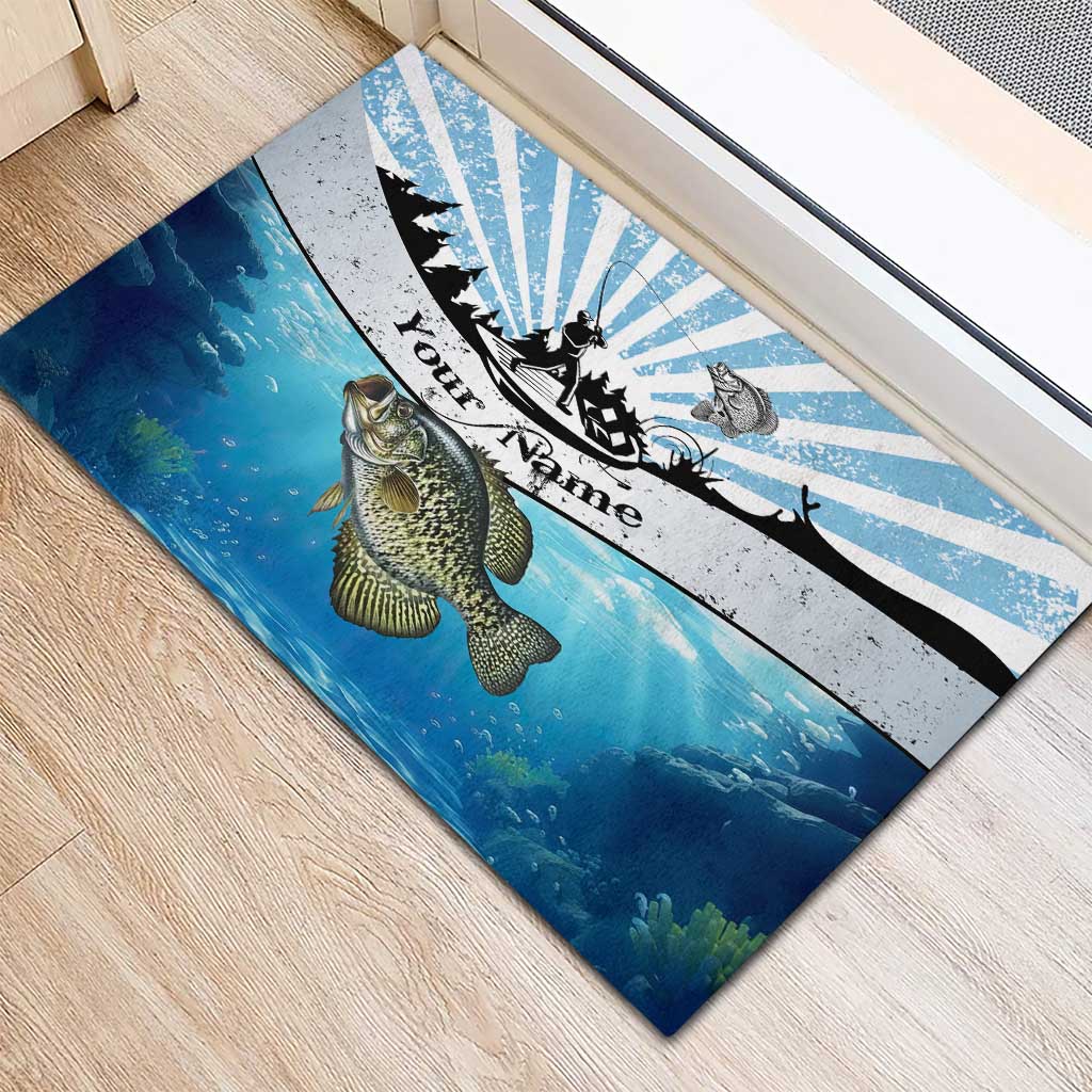 Personalized Crappie Fishing Rubber Doormat with Lake Water Splash Scene and Sunrise Silhouette Angler Design - Wonder Print Shop