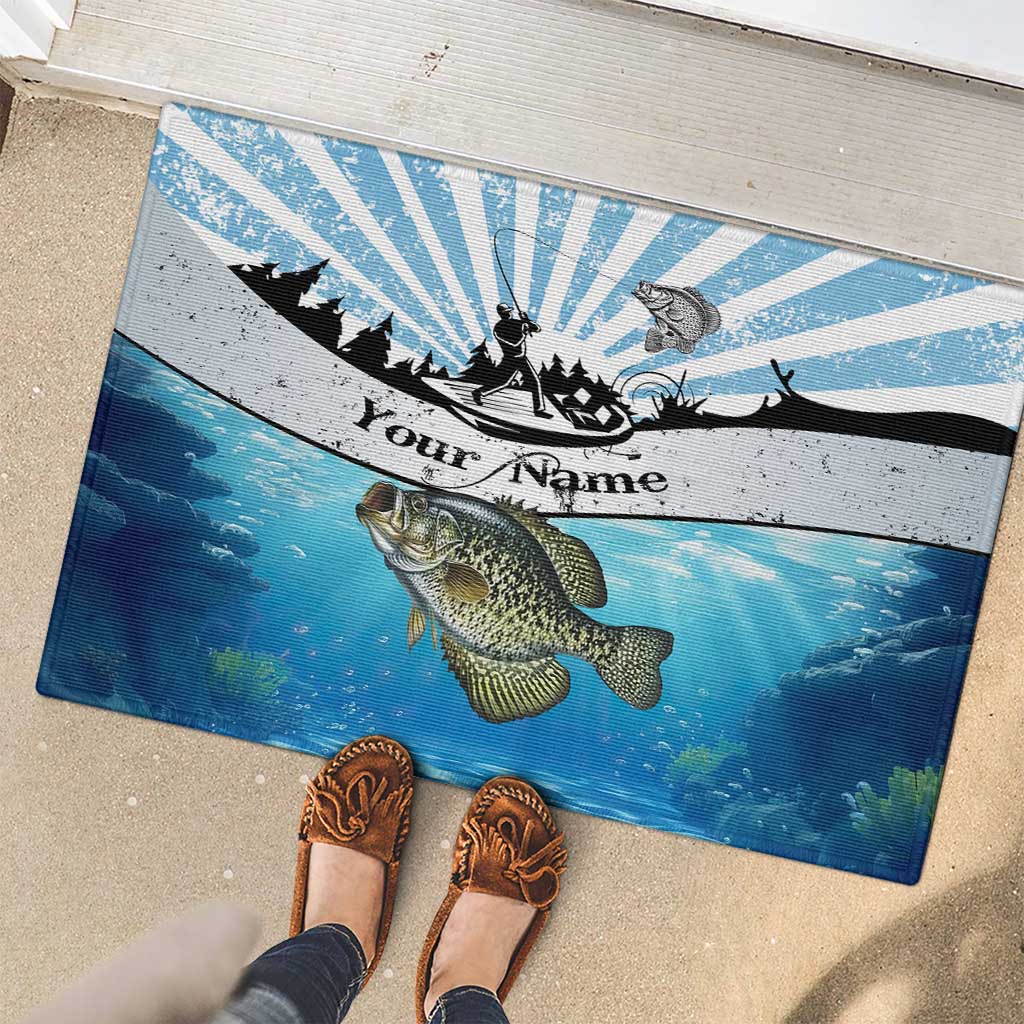 Personalized Crappie Fishing Rubber Doormat with Lake Water Splash Scene and Sunrise Silhouette Angler Design - Wonder Print Shop