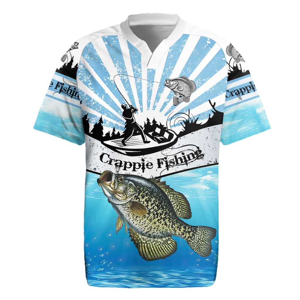Personalized Crappie Fishing Rugby Jersey with Lake Water Splash Scene and Sunrise Silhouette Angler Design - Wonder Print Shop