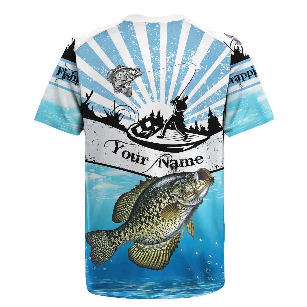 Personalized Crappie Fishing Rugby Jersey with Lake Water Splash Scene and Sunrise Silhouette Angler Design - Wonder Print Shop