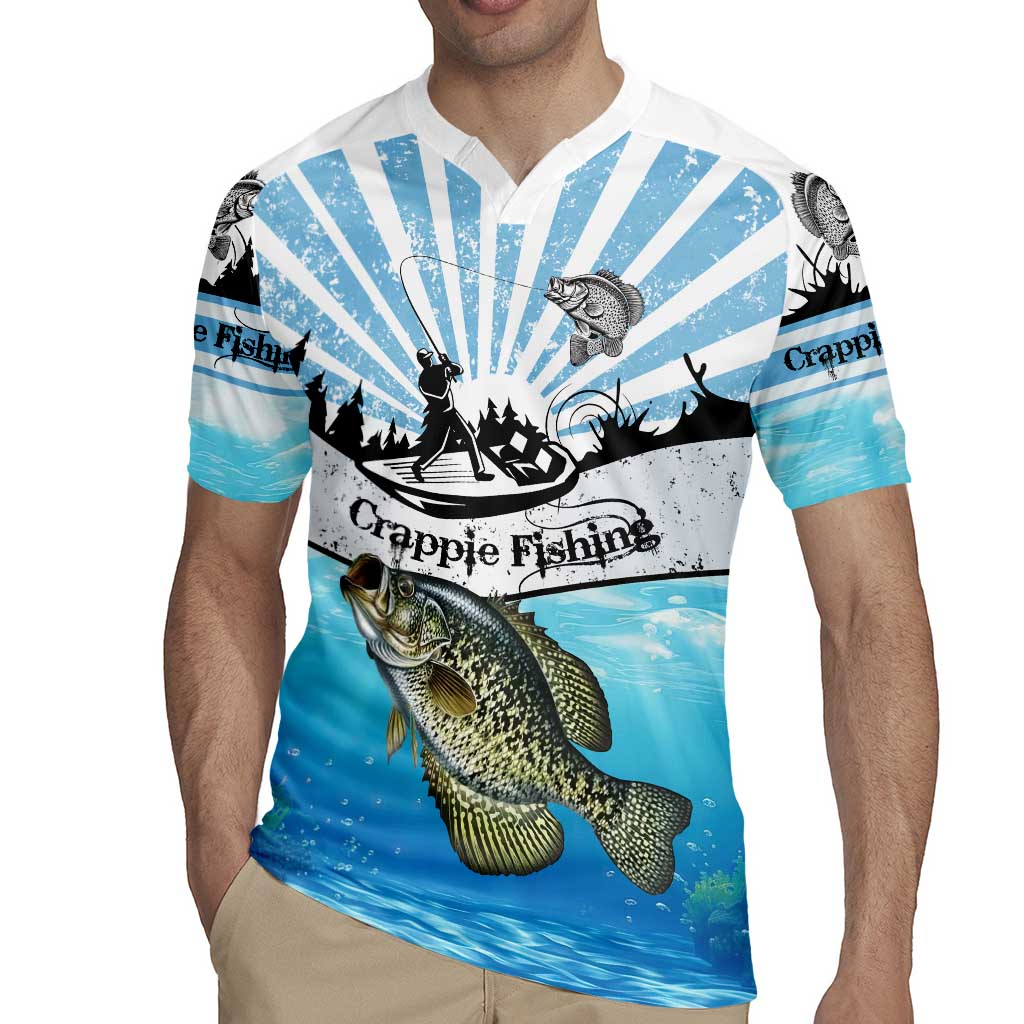 Personalized Crappie Fishing Rugby Jersey with Lake Water Splash Scene and Sunrise Silhouette Angler Design - Wonder Print Shop