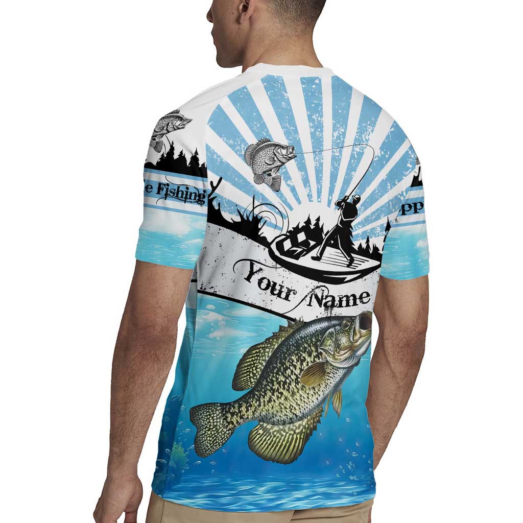 Personalized Crappie Fishing Rugby Jersey with Lake Water Splash Scene and Sunrise Silhouette Angler Design - Wonder Print Shop