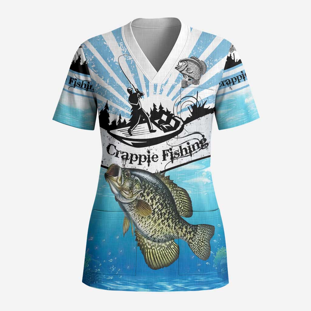 Personalized Crappie Fishing Scrub Top with Lake Water Splash Scene and Sunrise Silhouette Angler Design - Wonder Print Shop