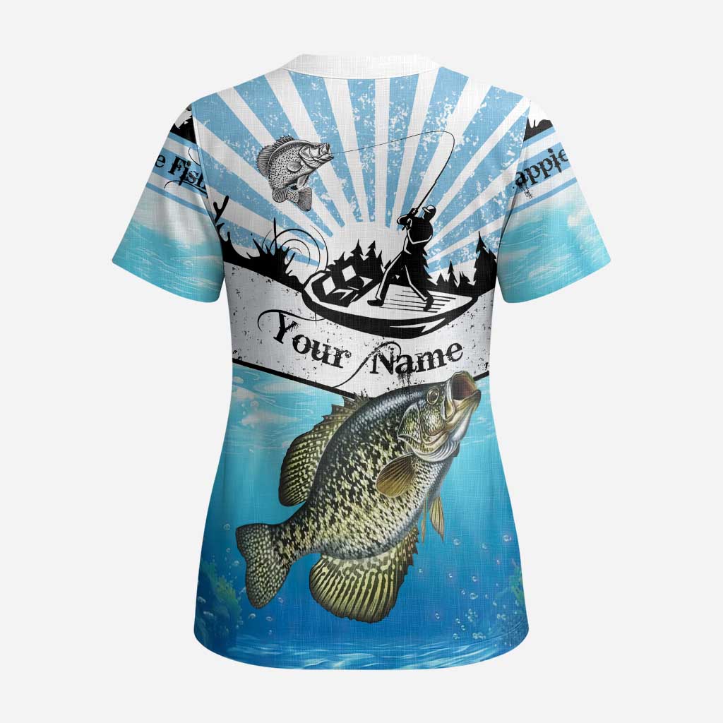 Personalized Crappie Fishing Scrub Top with Lake Water Splash Scene and Sunrise Silhouette Angler Design - Wonder Print Shop
