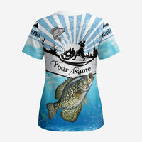 Personalized Crappie Fishing Scrub Top with Lake Water Splash Scene and Sunrise Silhouette Angler Design - Wonder Print Shop