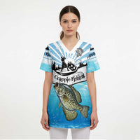 Personalized Crappie Fishing Scrub Top with Lake Water Splash Scene and Sunrise Silhouette Angler Design - Wonder Print Shop