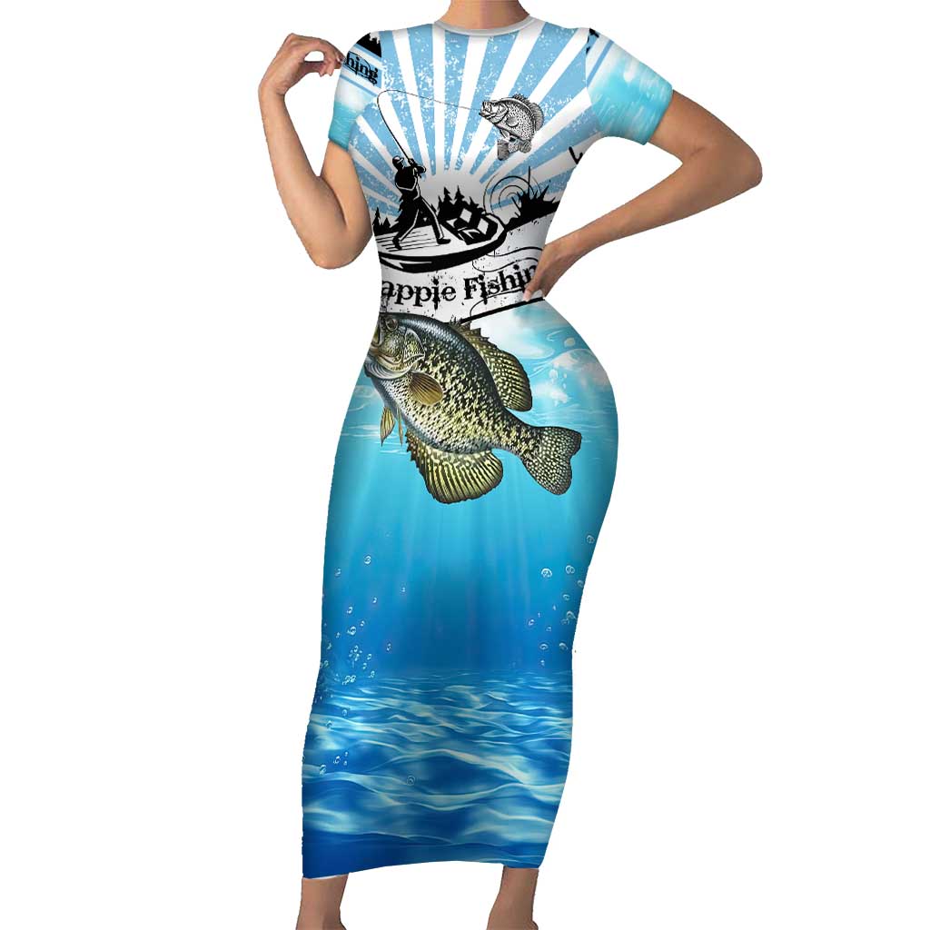 Personalized Crappie Fishing Short Sleeve Bodycon Dress with Lake Water Splash Scene and Sunrise Silhouette Angler Design - Wonder Print Shop