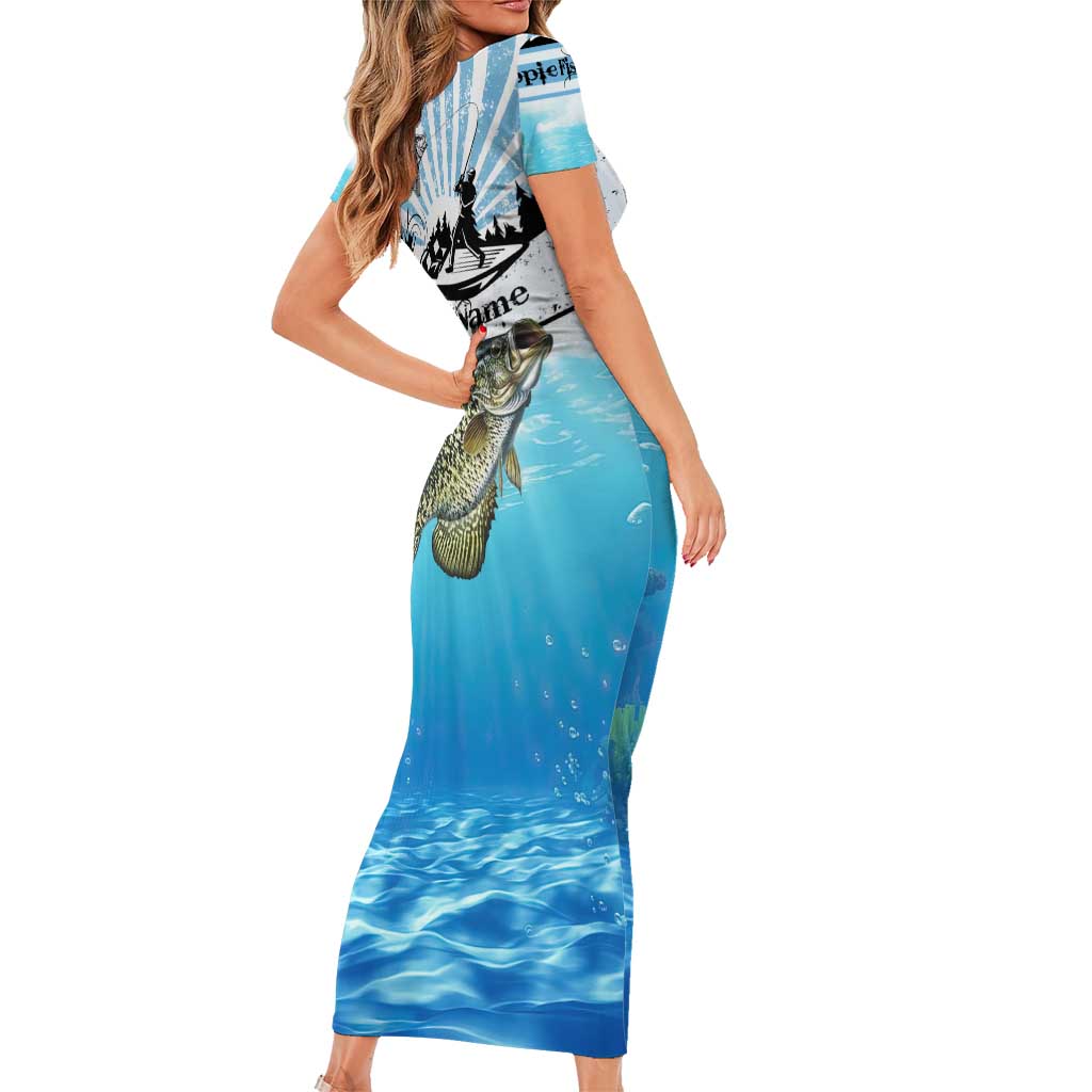 Personalized Crappie Fishing Short Sleeve Bodycon Dress with Lake Water Splash Scene and Sunrise Silhouette Angler Design - Wonder Print Shop