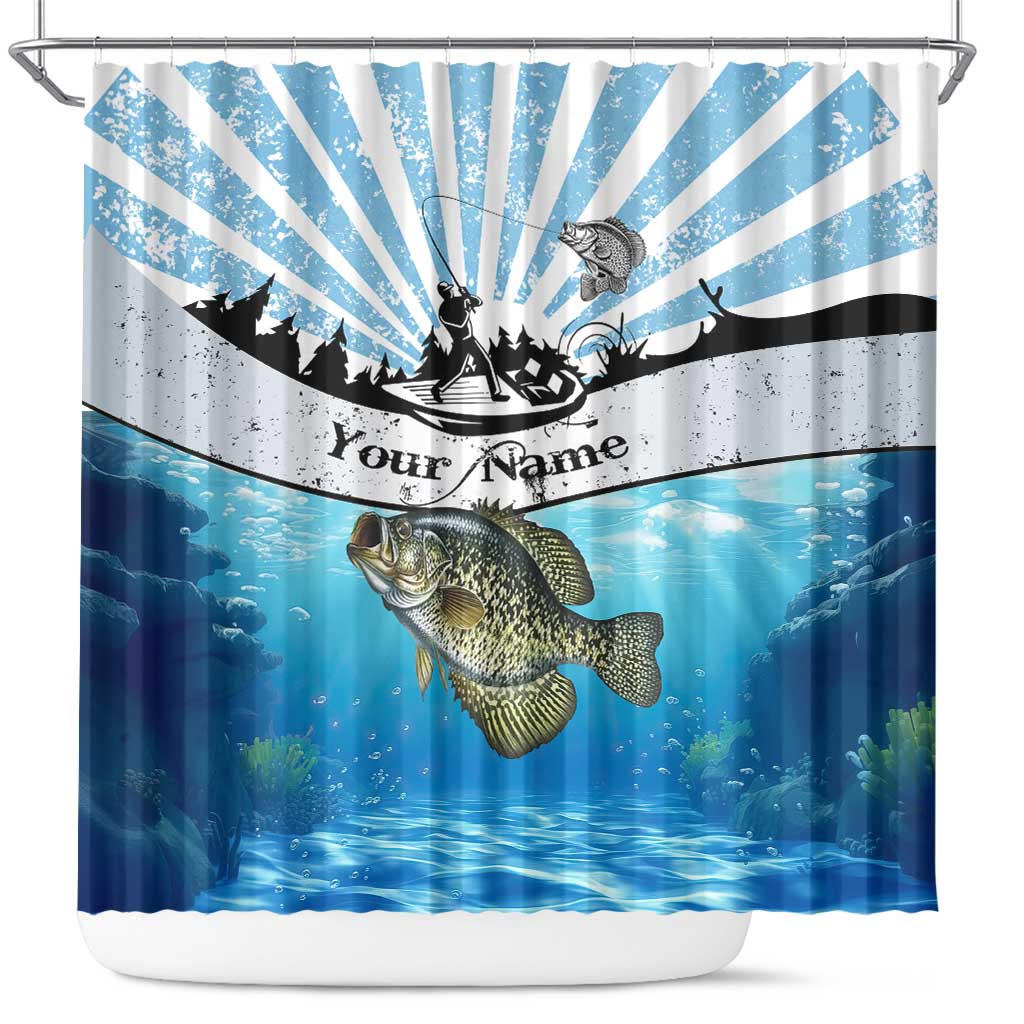 Personalized Crappie Fishing Shower Curtain with Lake Water Splash Scene and Sunrise Silhouette Angler Design - Wonder Print Shop