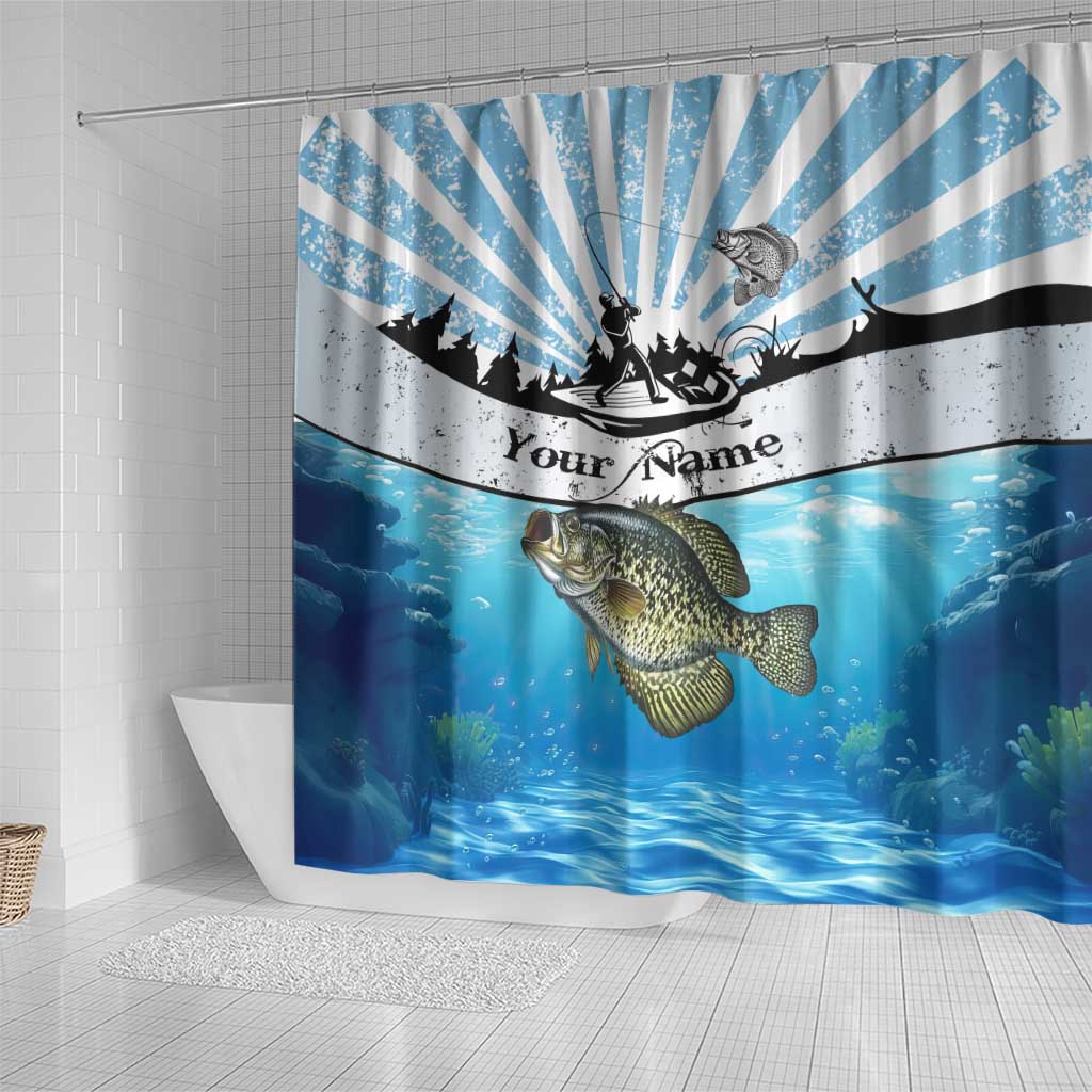 Personalized Crappie Fishing Shower Curtain with Lake Water Splash Scene and Sunrise Silhouette Angler Design - Wonder Print Shop