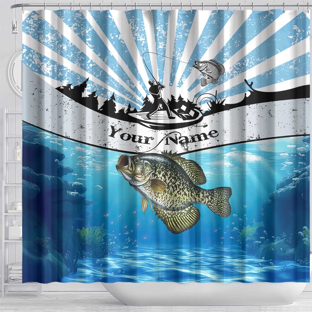 Personalized Crappie Fishing Shower Curtain with Lake Water Splash Scene and Sunrise Silhouette Angler Design - Wonder Print Shop