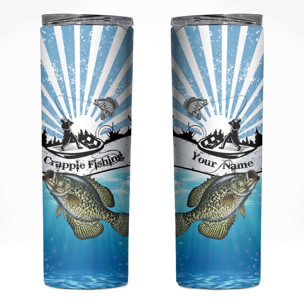 Personalized Crappie Fishing Skinny Tumbler with Lake Water Splash Scene and Sunrise Silhouette Angler Design - Wonder Print Shop