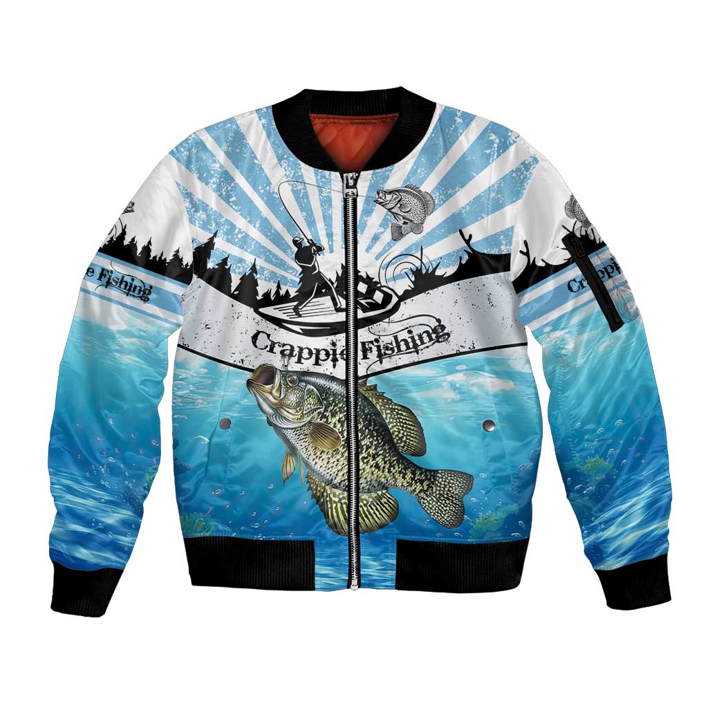 Personalized Crappie Fishing Sleeve Zip Bomber Jacket with Lake Water Splash Scene and Sunrise Silhouette Angler Design - Wonder Print Shop