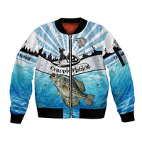 Personalized Crappie Fishing Sleeve Zip Bomber Jacket with Lake Water Splash Scene and Sunrise Silhouette Angler Design - Wonder Print Shop