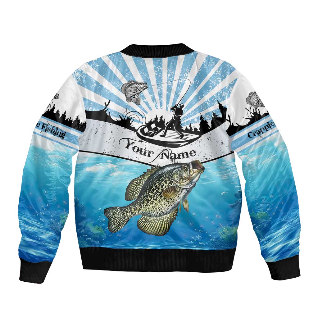 Personalized Crappie Fishing Sleeve Zip Bomber Jacket with Lake Water Splash Scene and Sunrise Silhouette Angler Design - Wonder Print Shop