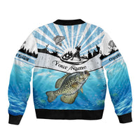 Personalized Crappie Fishing Sleeve Zip Bomber Jacket with Lake Water Splash Scene and Sunrise Silhouette Angler Design - Wonder Print Shop