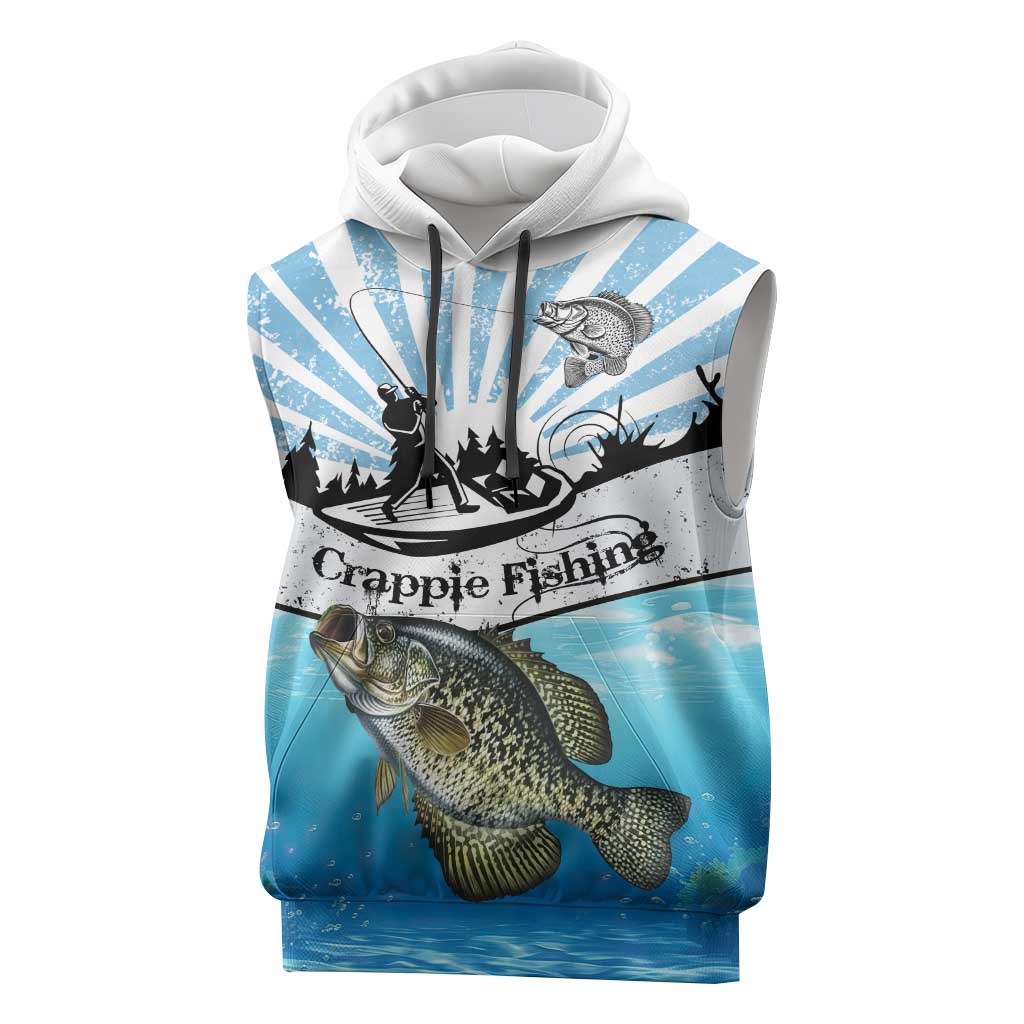 Personalized Crappie Fishing Sleeveless Hoodie with Lake Water Splash Scene and Sunrise Silhouette Angler Design - Wonder Print Shop