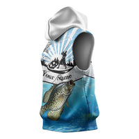 Personalized Crappie Fishing Sleeveless Hoodie with Lake Water Splash Scene and Sunrise Silhouette Angler Design - Wonder Print Shop