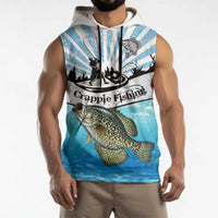Personalized Crappie Fishing Sleeveless Hoodie with Lake Water Splash Scene and Sunrise Silhouette Angler Design - Wonder Print Shop