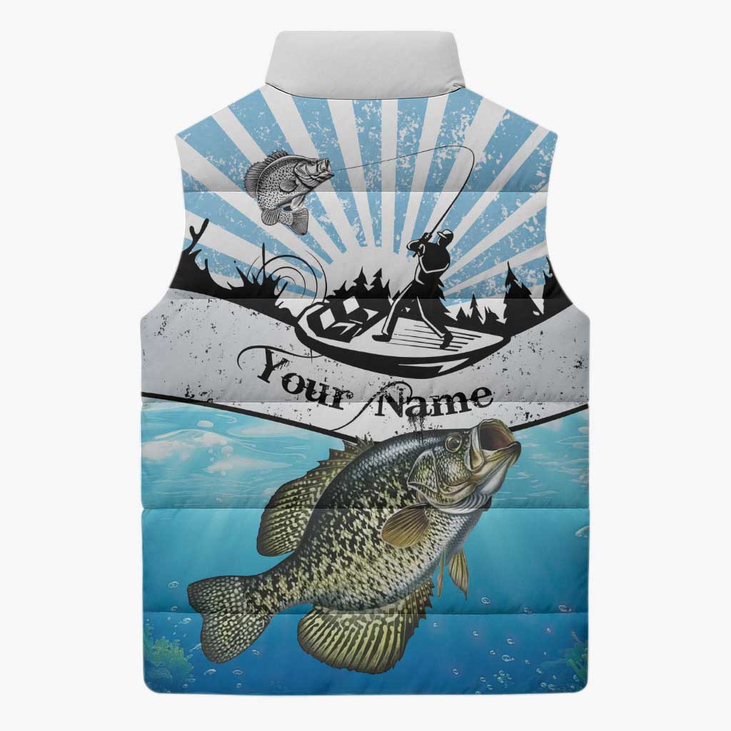 Personalized Crappie Fishing Sleeveless Puffer Jacket with Lake Water Splash Scene and Sunrise Silhouette Angler Design - Wonder Print Shop