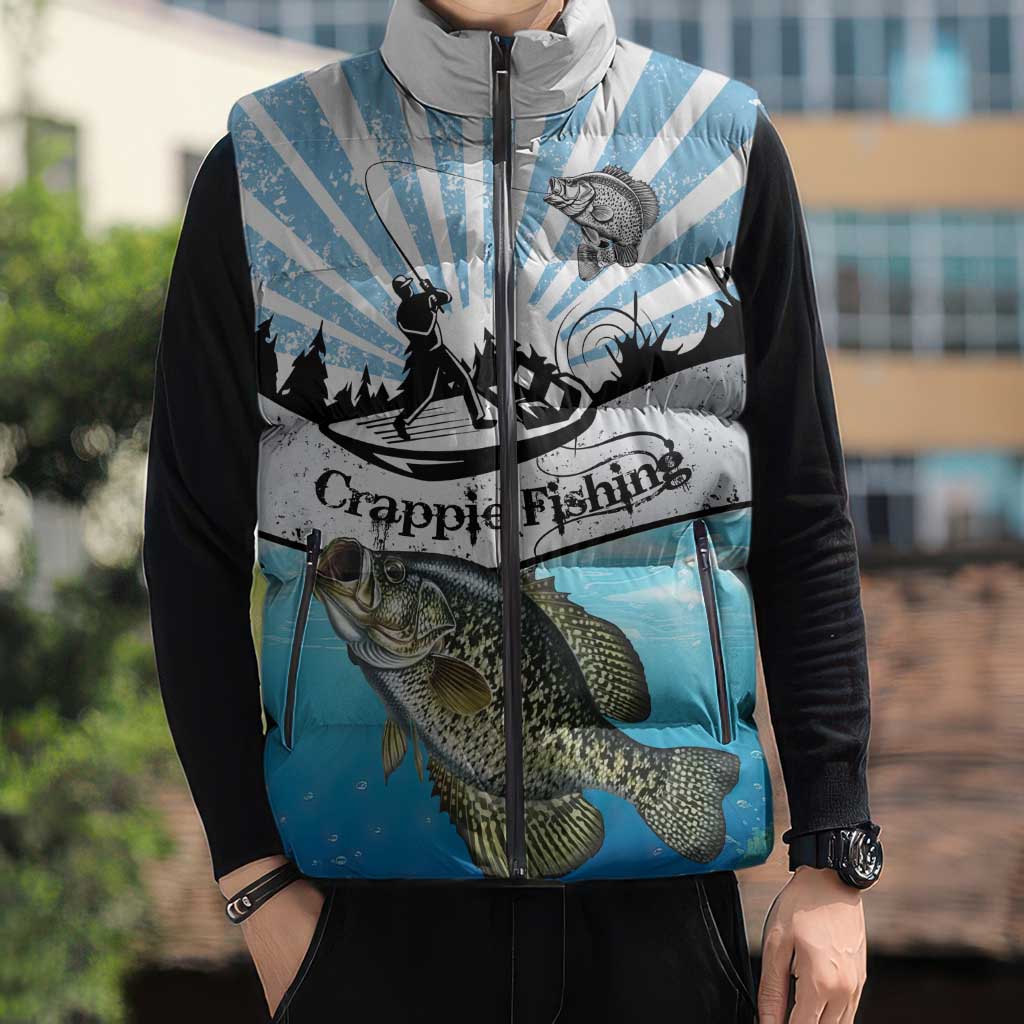 Personalized Crappie Fishing Sleeveless Puffer Jacket with Lake Water Splash Scene and Sunrise Silhouette Angler Design - Wonder Print Shop