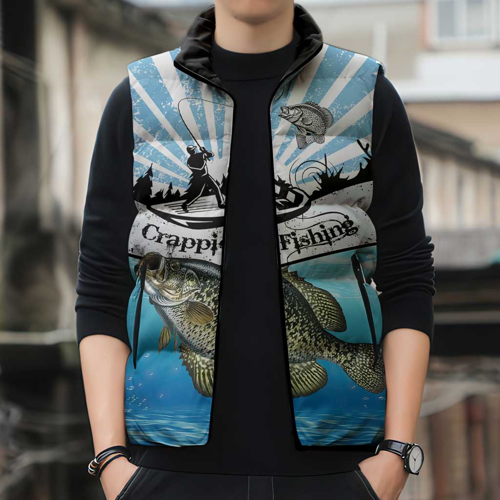 Personalized Crappie Fishing Sleeveless Puffer Jacket with Lake Water Splash Scene and Sunrise Silhouette Angler Design - Wonder Print Shop