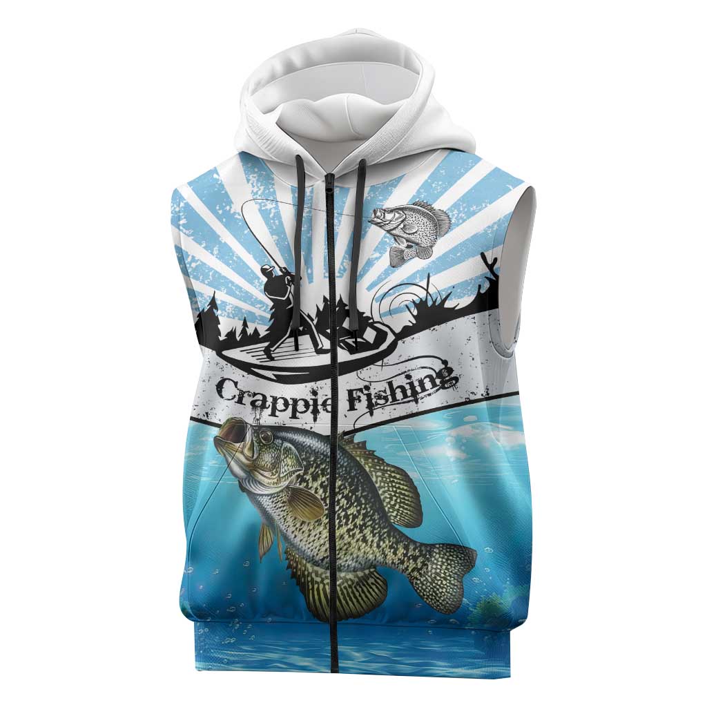 Personalized Crappie Fishing Sleeveless Zip Hoodie with Lake Water Splash Scene and Sunrise Silhouette Angler Design - Wonder Print Shop