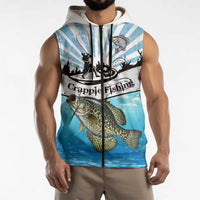 Personalized Crappie Fishing Sleeveless Zip Hoodie with Lake Water Splash Scene and Sunrise Silhouette Angler Design - Wonder Print Shop