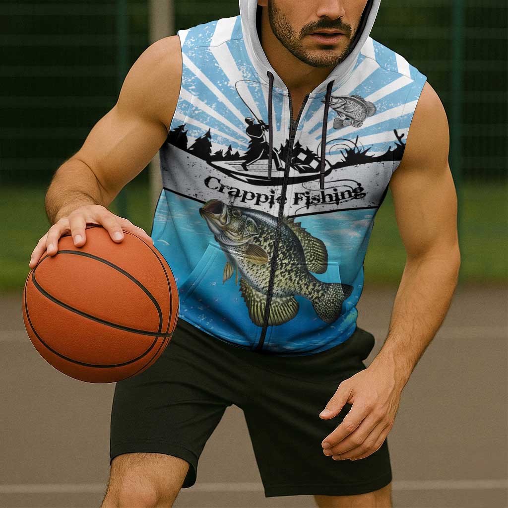 Personalized Crappie Fishing Sleeveless Zip Hoodie with Lake Water Splash Scene and Sunrise Silhouette Angler Design - Wonder Print Shop