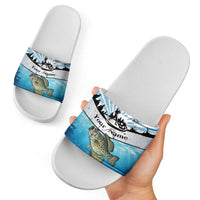 Personalized Crappie Fishing Slide Sandals with Lake Water Splash Scene and Sunrise Silhouette Angler Design - Wonder Print Shop