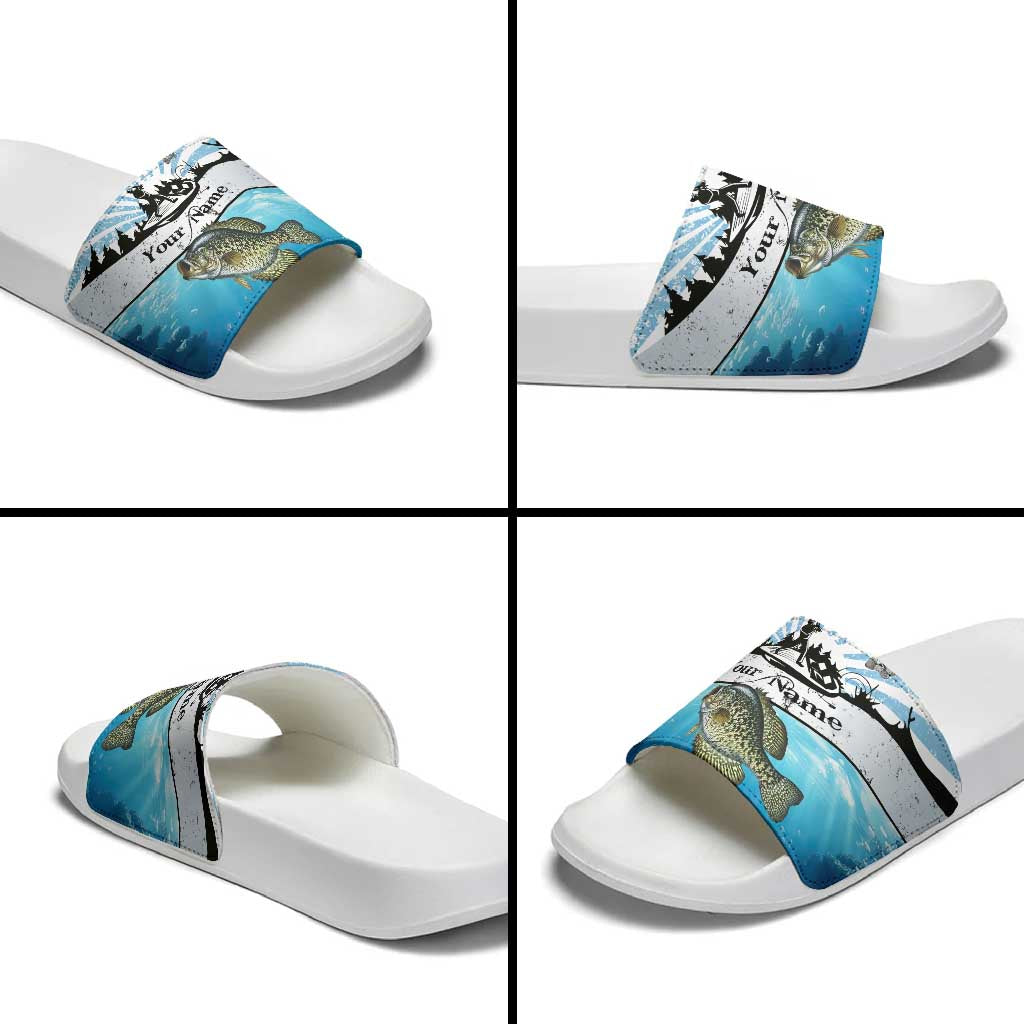 Personalized Crappie Fishing Slide Sandals with Lake Water Splash Scene and Sunrise Silhouette Angler Design - Wonder Print Shop