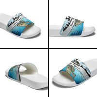 Personalized Crappie Fishing Slide Sandals with Lake Water Splash Scene and Sunrise Silhouette Angler Design - Wonder Print Shop