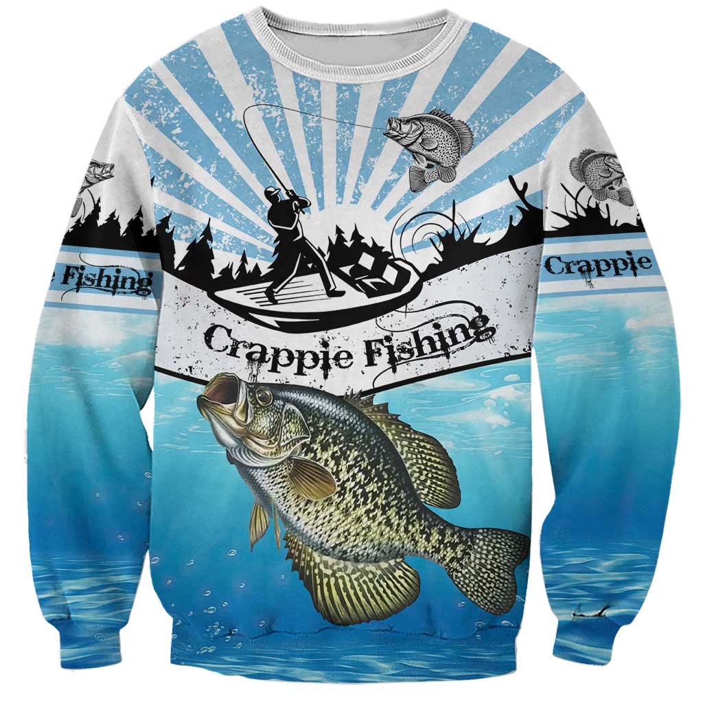 Personalized Crappie Fishing Sweatshirt with Lake Water Splash Scene and Sunrise Silhouette Angler Design - Wonder Print Shop