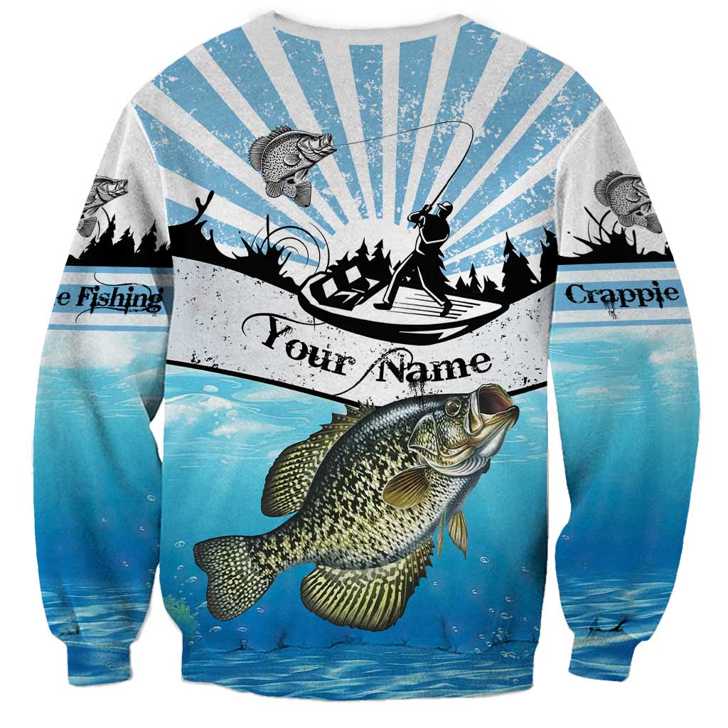 Personalized Crappie Fishing Sweatshirt with Lake Water Splash Scene and Sunrise Silhouette Angler Design - Wonder Print Shop