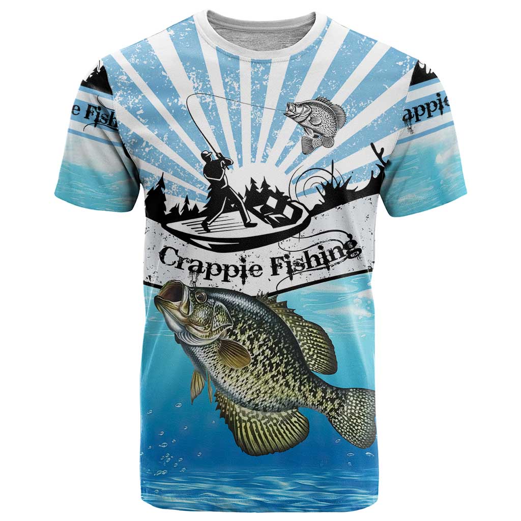 Personalized Crappie Fishing T Shirt with Lake Water Splash Scene and Sunrise Silhouette Angler Design - Wonder Print Shop