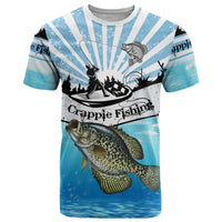 Personalized Crappie Fishing T Shirt with Lake Water Splash Scene and Sunrise Silhouette Angler Design - Wonder Print Shop