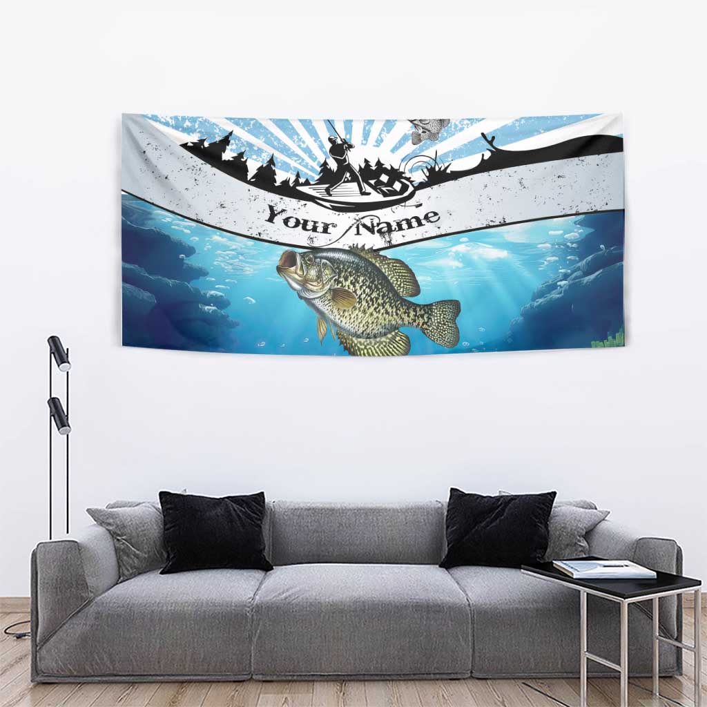 Personalized Crappie Fishing Tapestry with Lake Water Splash Scene and Sunrise Silhouette Angler Design - Wonder Print Shop