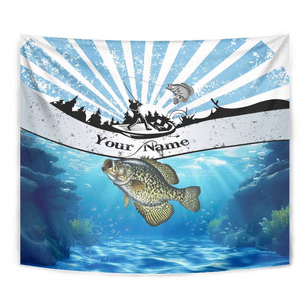Personalized Crappie Fishing Tapestry with Lake Water Splash Scene and Sunrise Silhouette Angler Design - Wonder Print Shop