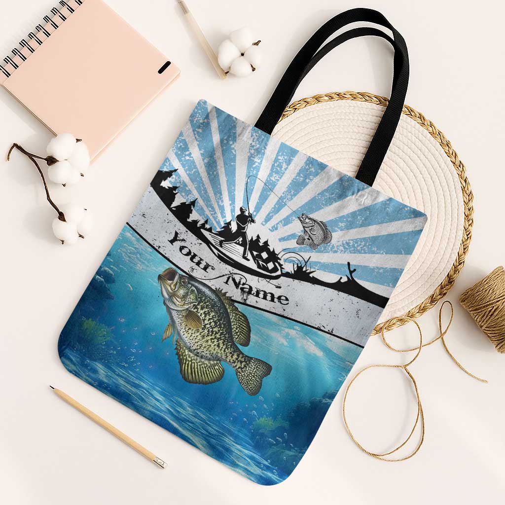 Personalized Crappie Fishing Tote Bag with Lake Water Splash Scene and Sunrise Silhouette Angler Design - Wonder Print Shop