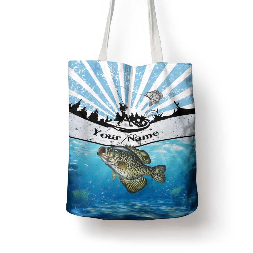 Personalized Crappie Fishing Tote Bag with Lake Water Splash Scene and Sunrise Silhouette Angler Design - Wonder Print Shop