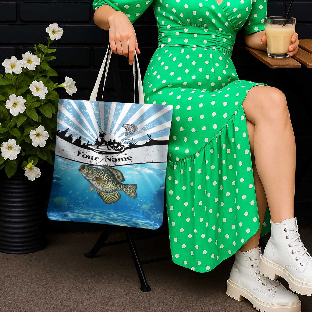 Personalized Crappie Fishing Tote Bag with Lake Water Splash Scene and Sunrise Silhouette Angler Design - Wonder Print Shop