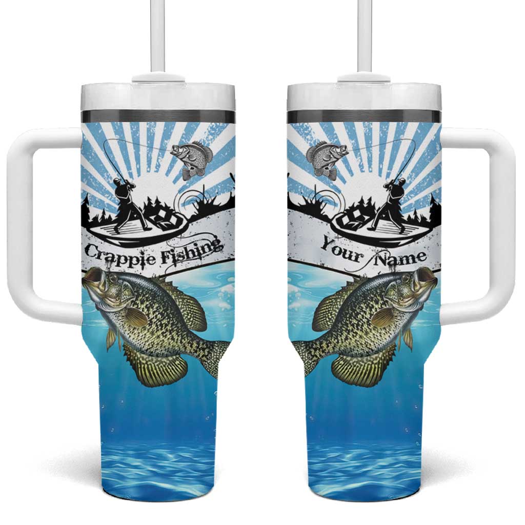 Personalized Crappie Fishing Tumbler With Handle with Lake Water Splash Scene and Sunrise Silhouette Angler Design - Wonder Print Shop